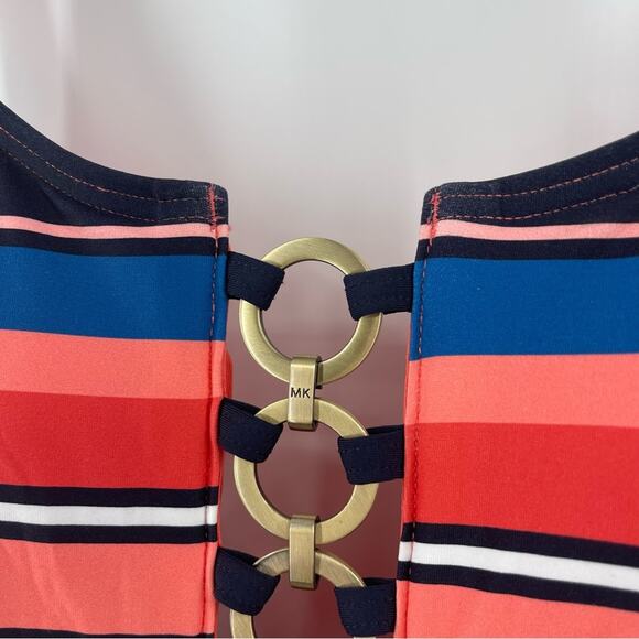 MICHAEL KORS Striped Chain-Ring One-Piece Swimsuit Persimmon Multi Size 6 NWT - Picture 10 of 13